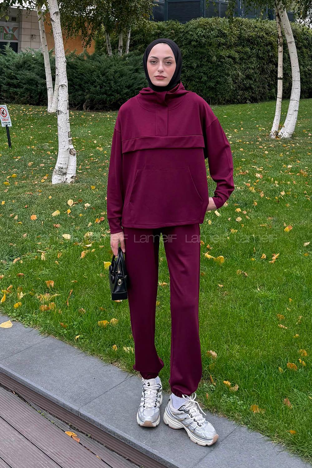 Lameli Kanguru Cep Modal Takım Bordo