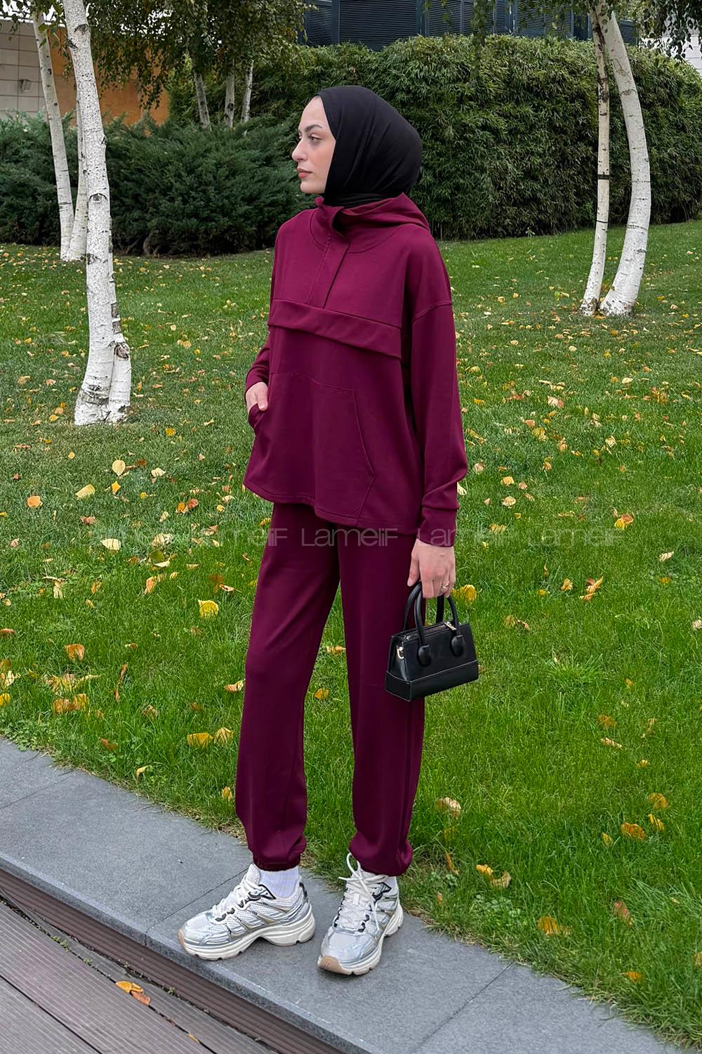 Lameli Kanguru Cep Modal Takım Bordo