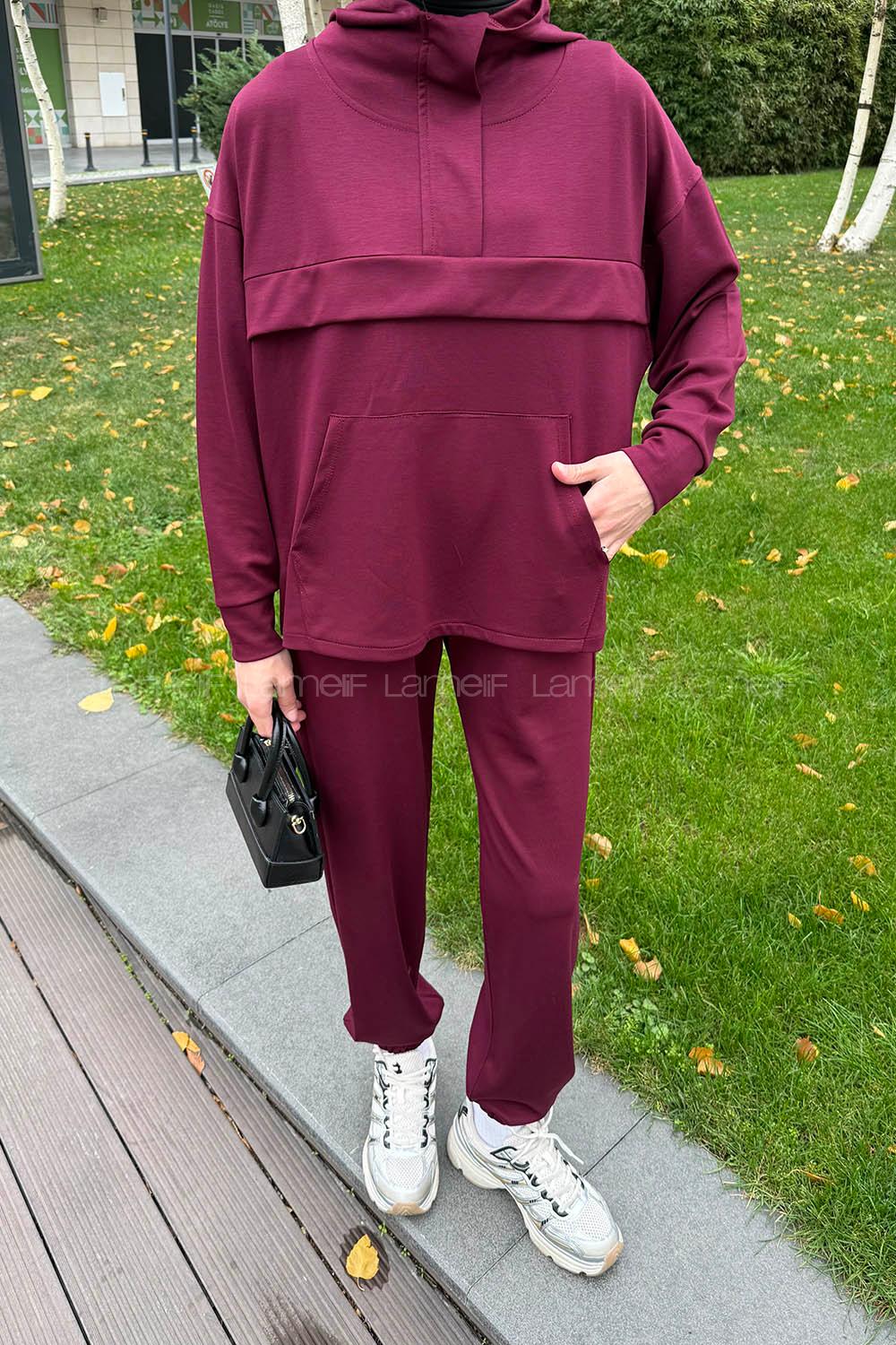 Lameli Kanguru Cep Modal Takım Bordo