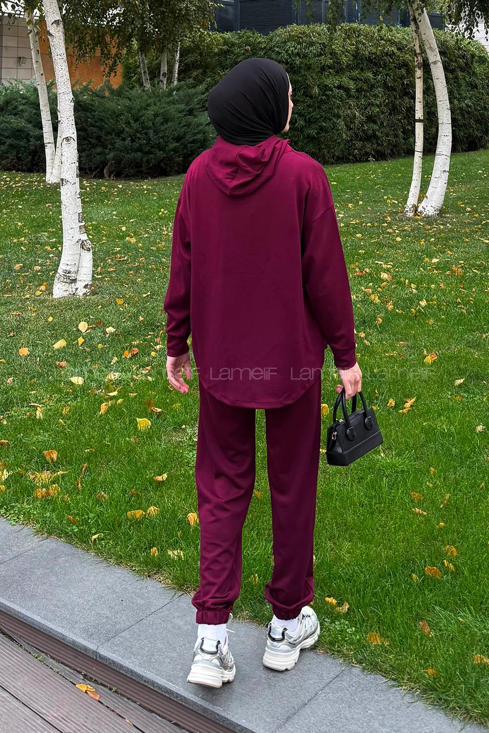 Lameli Kanguru Cep Modal Takım Bordo