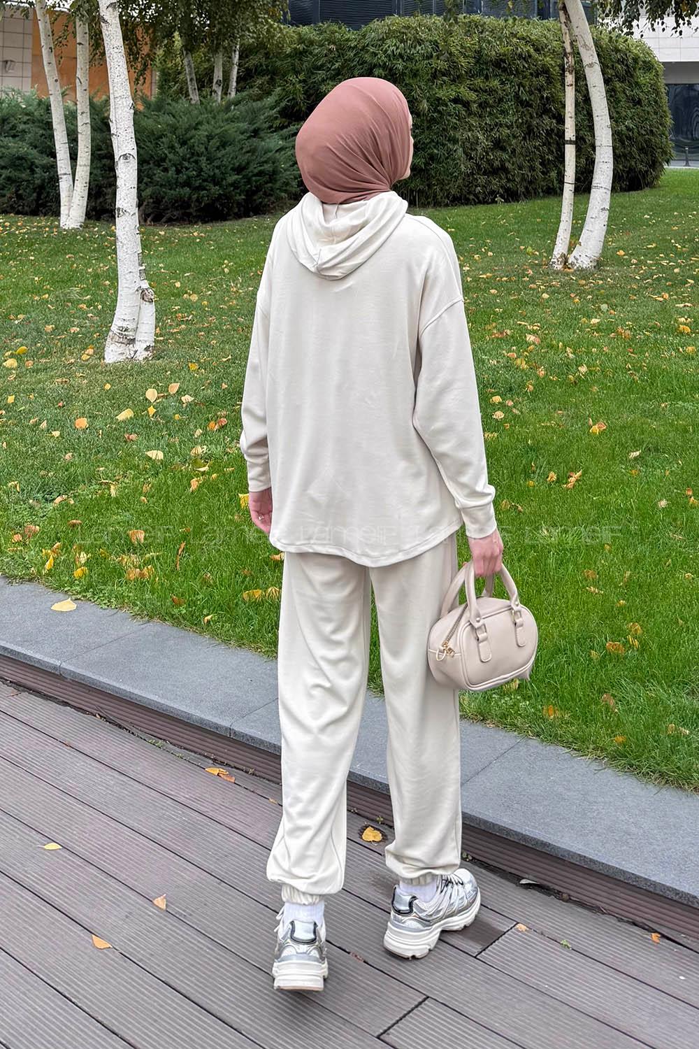 Lameli Kanguru Cep Modal Takım Krem