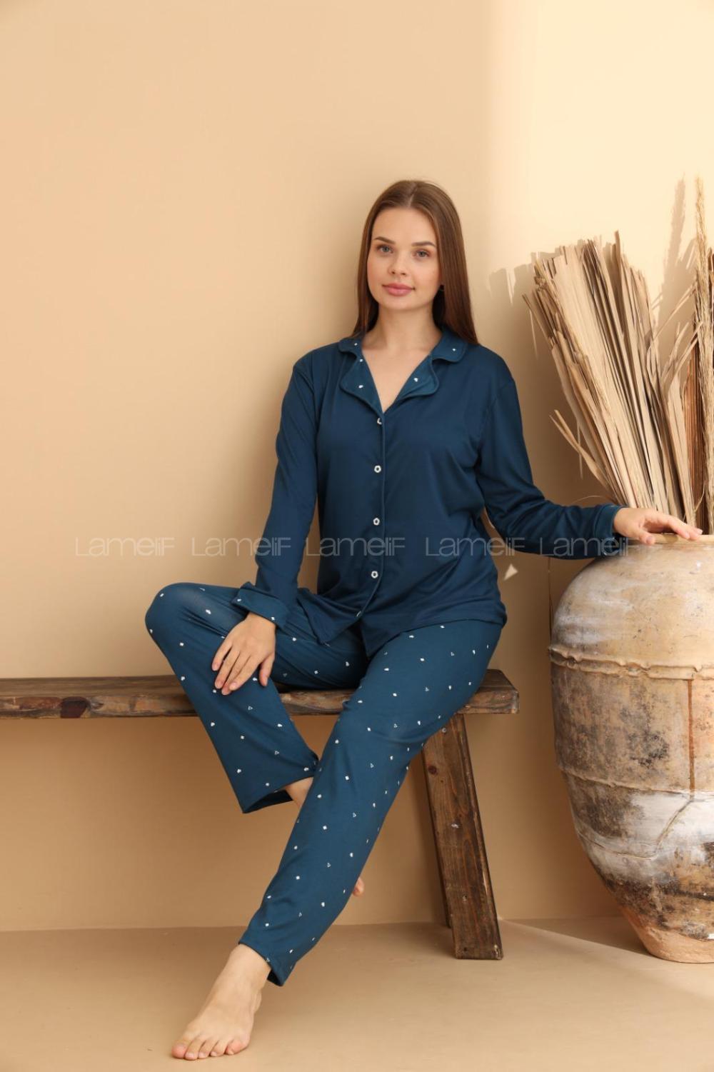 Lamelif Bambu Düğmeli Pijama Takımı Lacivert