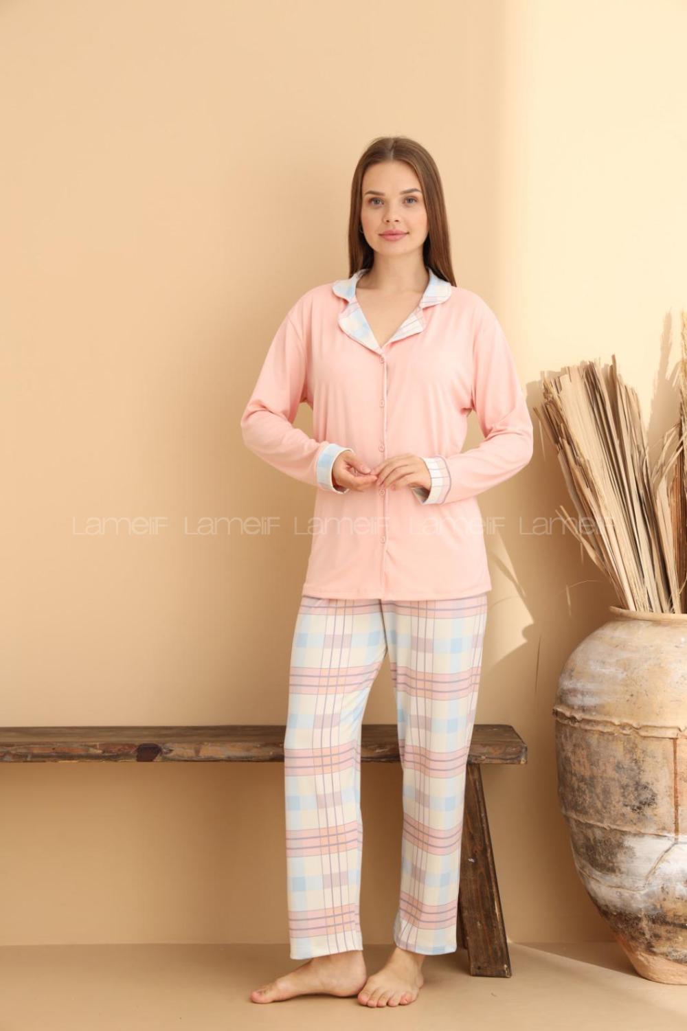 Lamelif Bambu Düğmeli Pijama Takımı Pembe