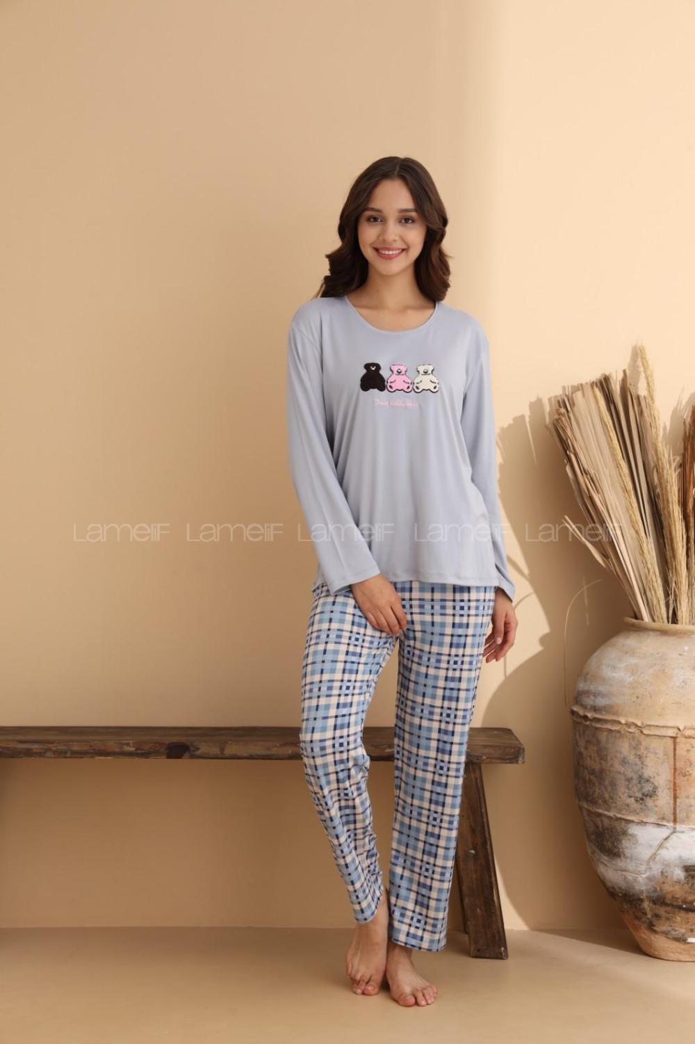 Lamelif Bisiklet Yaka Ayıcık Desenli Pijama Takımı Gri