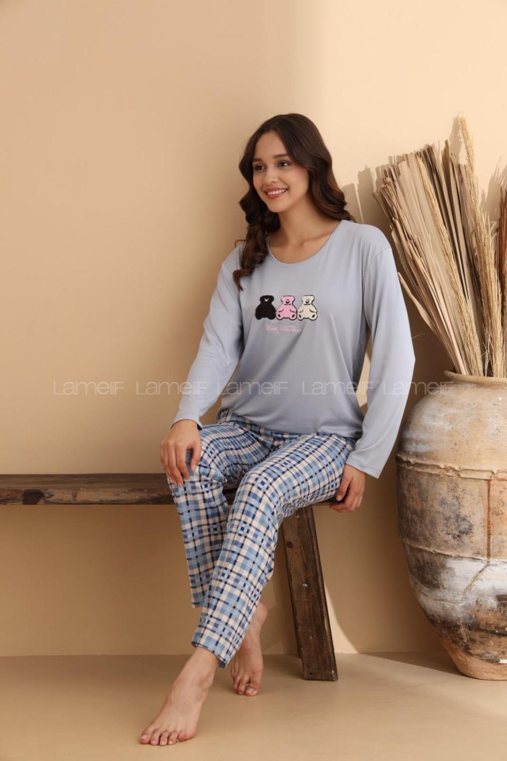 Lamelif Bisiklet Yaka Ayıcık Desenli Pijama Takımı Gri