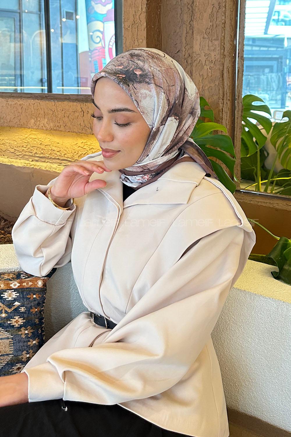 Lamelif Bohem Çiçek Desen Bambu Eşarp Çikolata Kahve