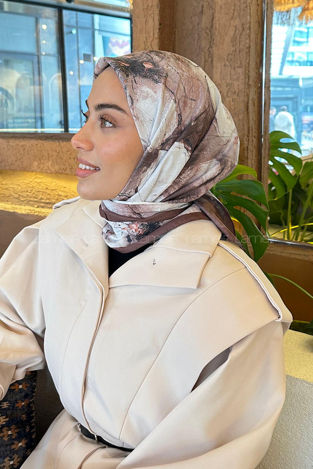 Lamelif Bohem Çiçek Desen Bambu Eşarp Çikolata Kahve