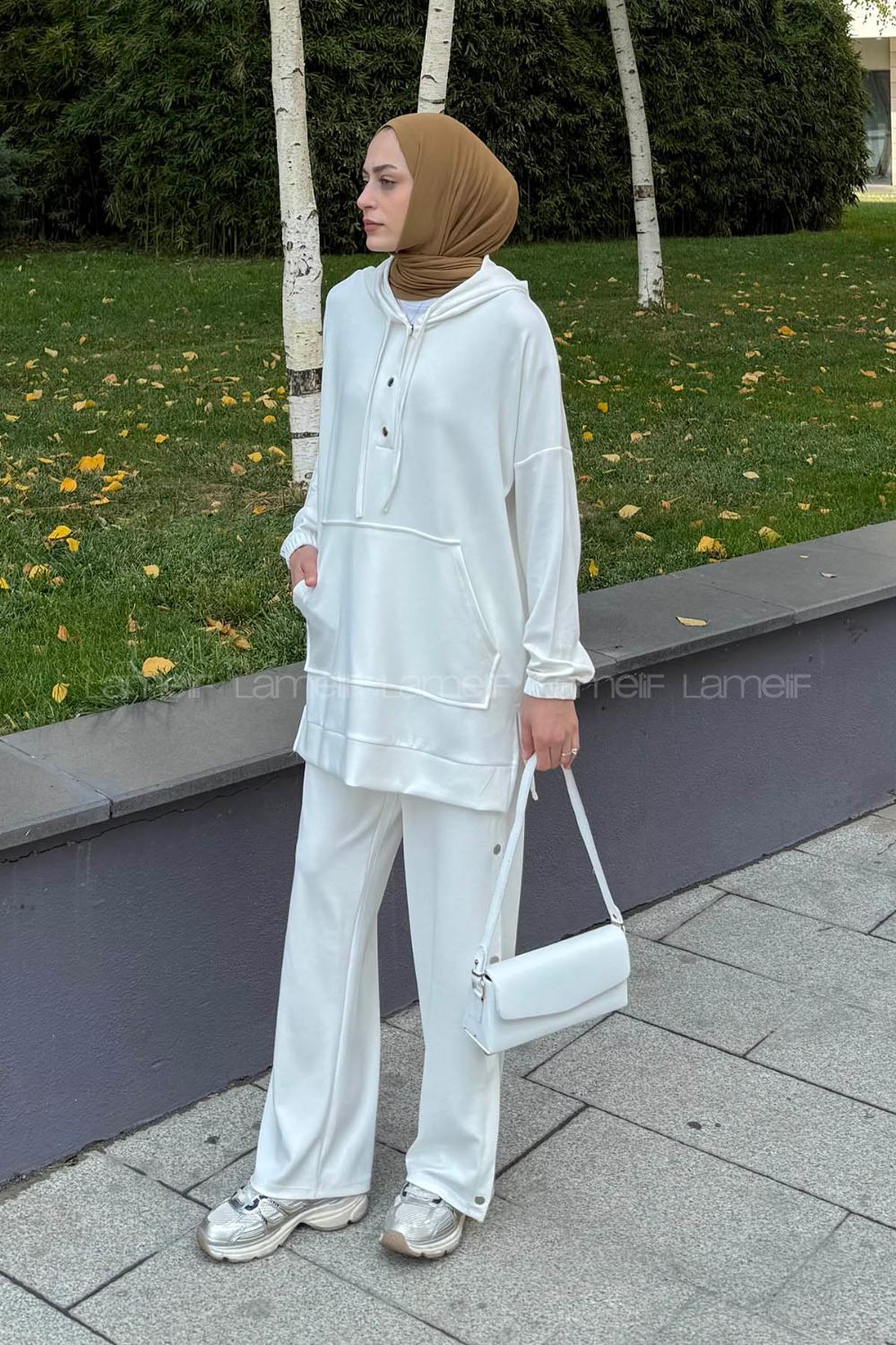 White Hood Neck Long Arm Cotton Regular Trousers Comfortable Suit