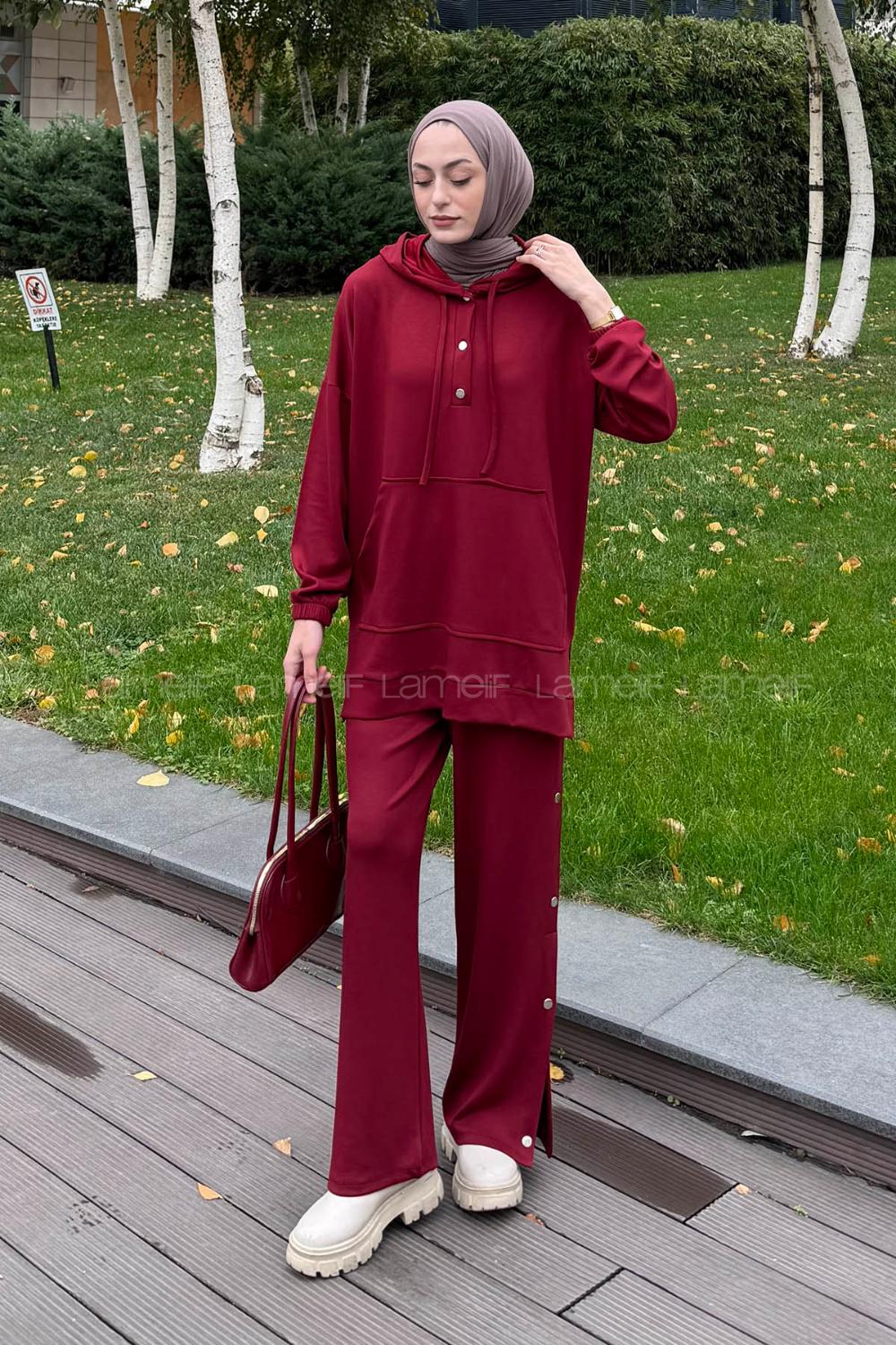 Lamelif Düğme Detaylı İkili Tesettür Takım Bordo