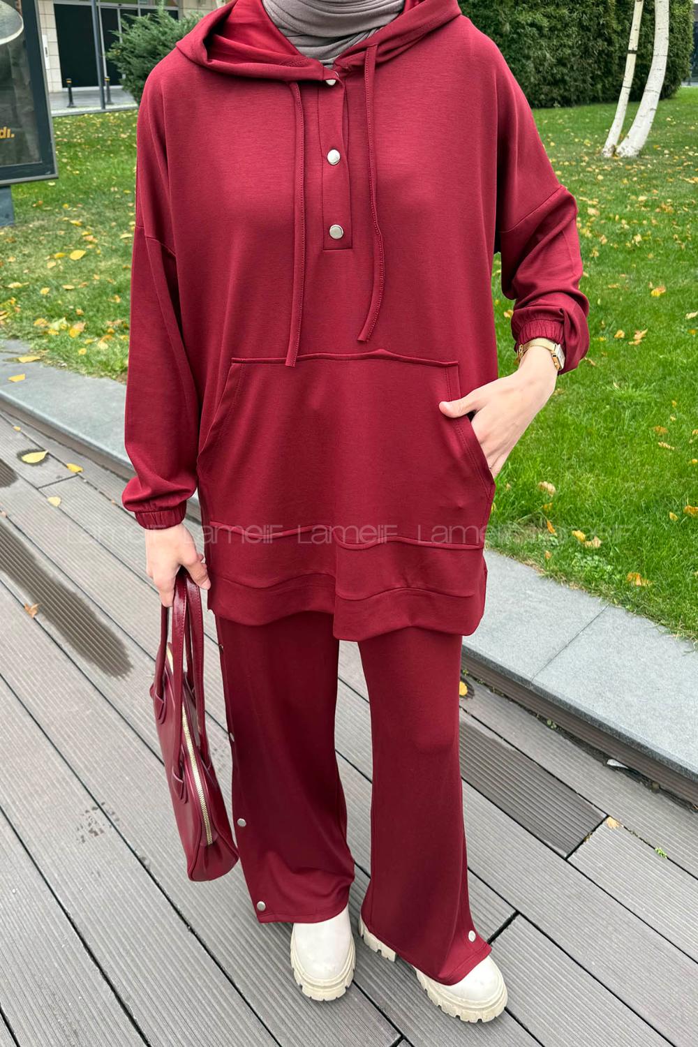 Lamelif Düğme Detaylı İkili Tesettür Takım Bordo