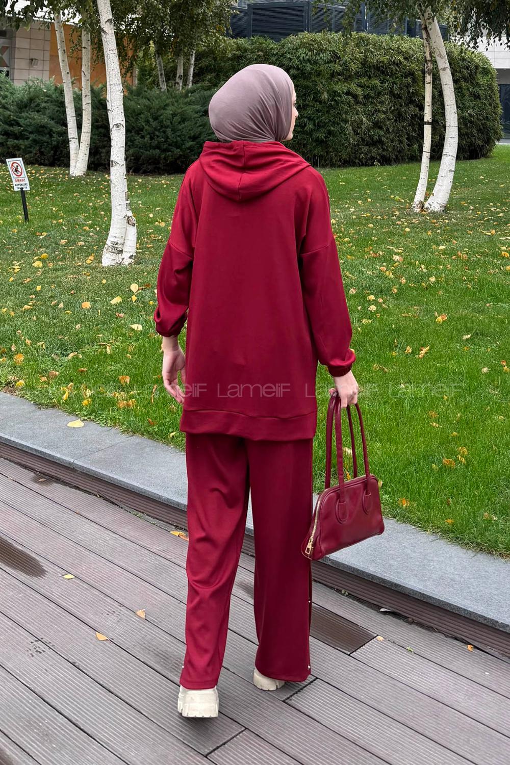 Lamelif Düğme Detaylı İkili Tesettür Takım Bordo