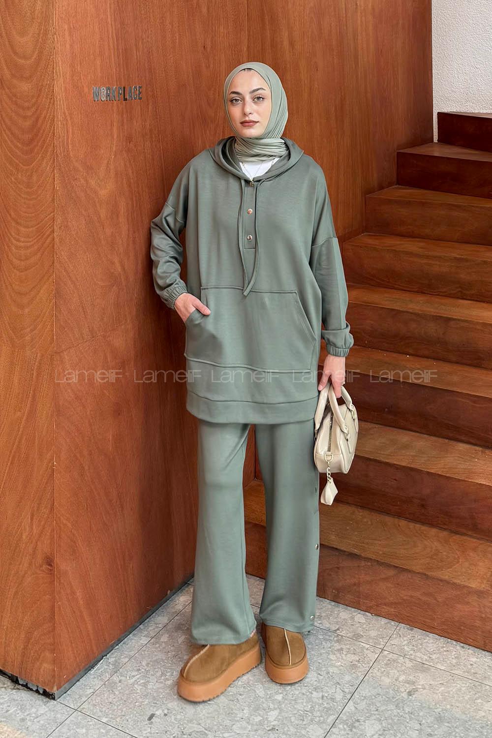 Khaki Hood Neck Long Arm Cotton Regular Trousers Comfortable Suit