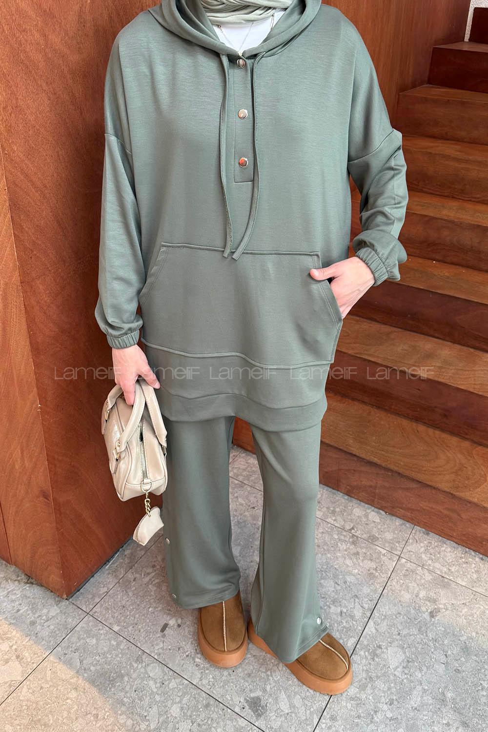 Khaki Hood Neck Long Arm Cotton Regular Trousers Comfortable Suit