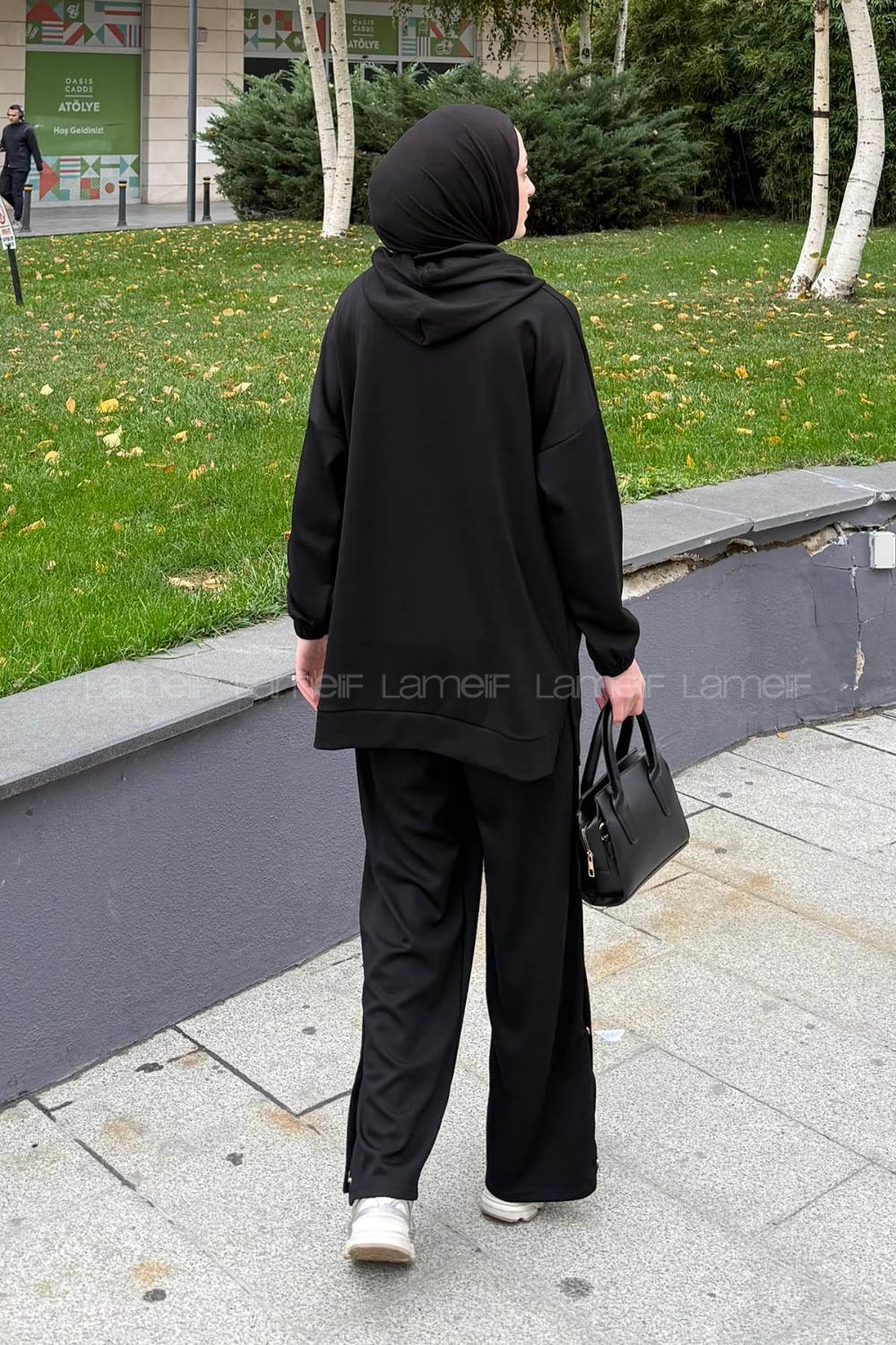 Lamelif Düğme Detaylı İkili Tesettür Takım Siyah