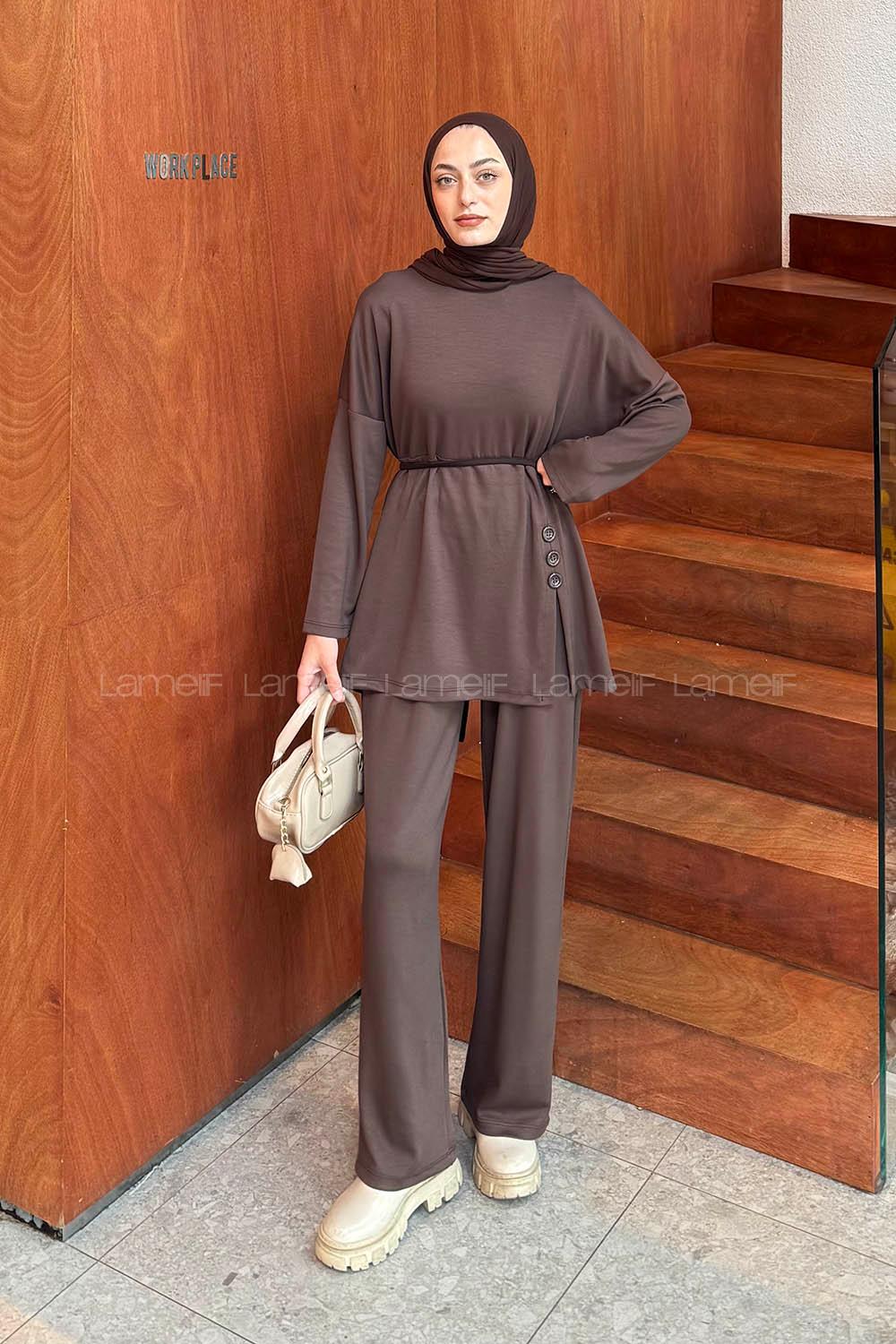 Lamelif Düğmeli İkili Takım Acı Kahve