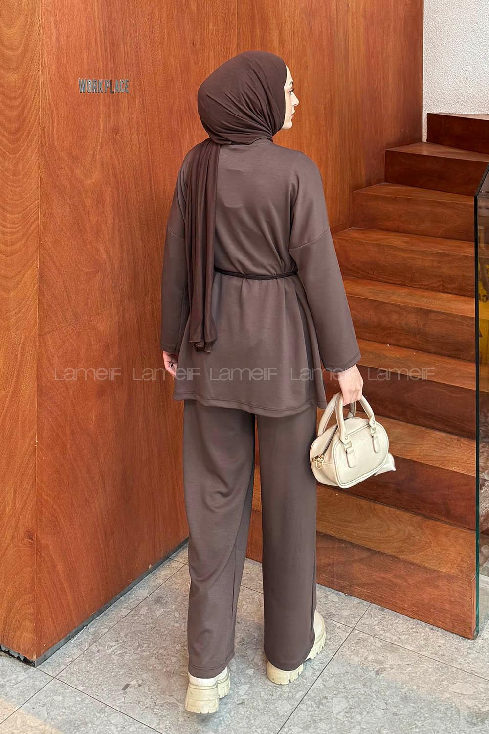 Lamelif Düğmeli İkili Takım Acı Kahve