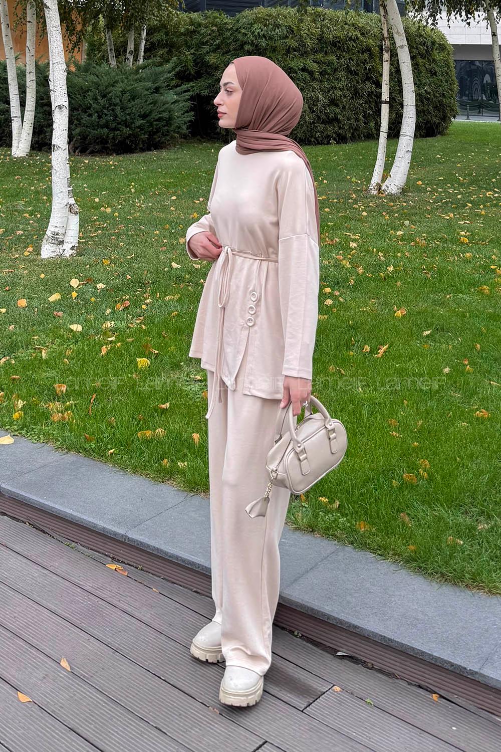 Lamelif Düğmeli İkili Takım Bej