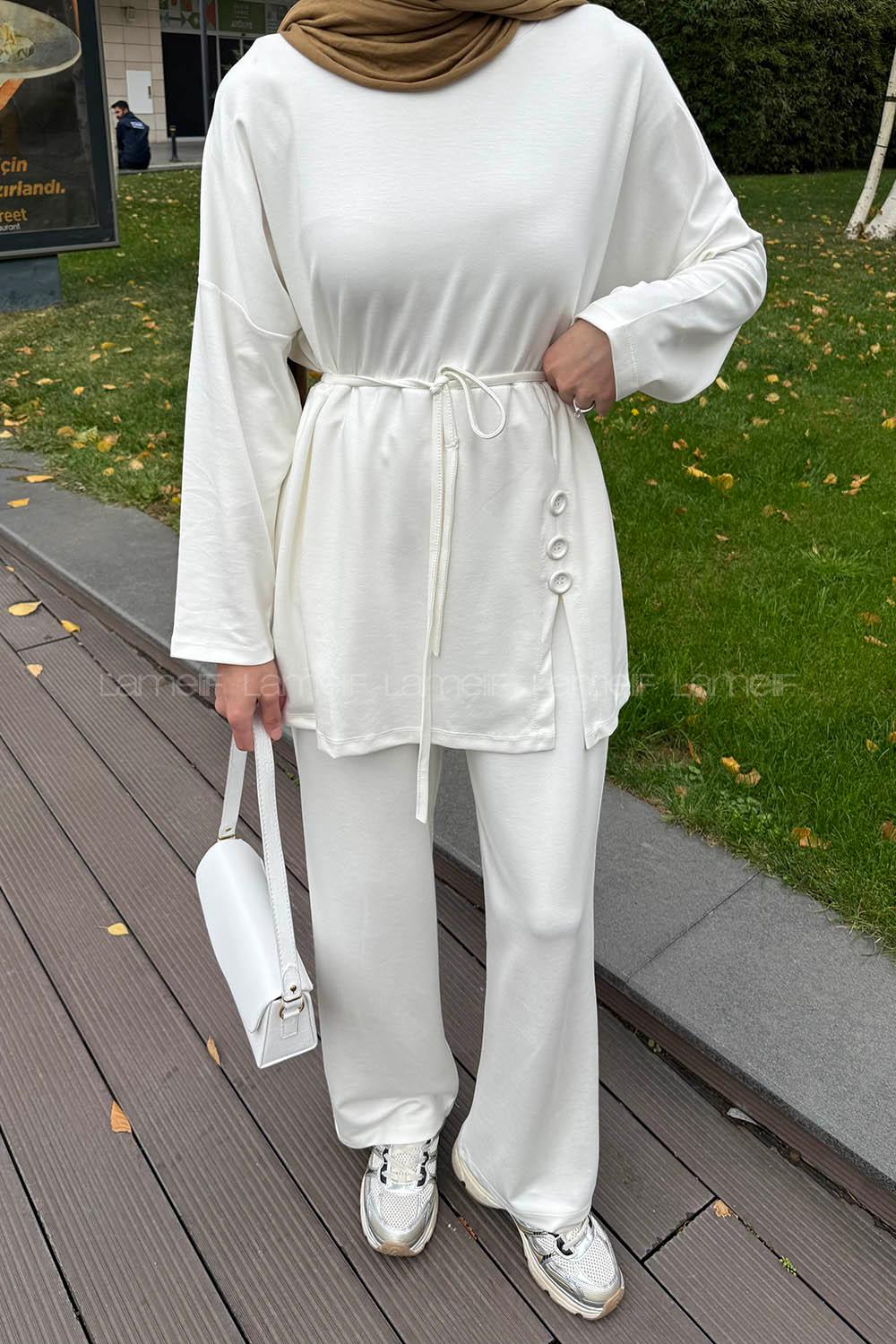Lamelif Düğmeli İkili Takım Beyaz