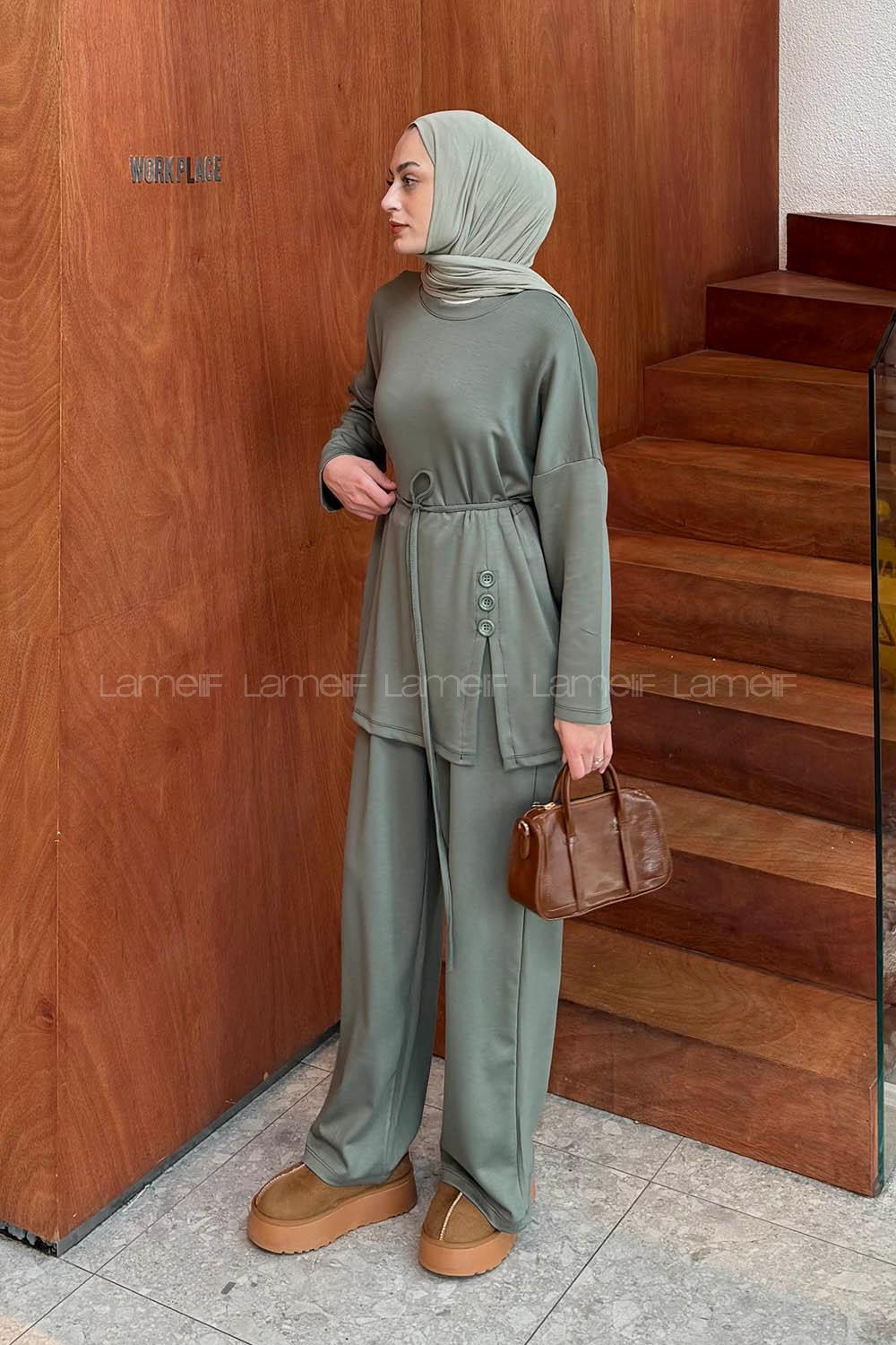 Lamelif Düğmeli İkili Takım Haki