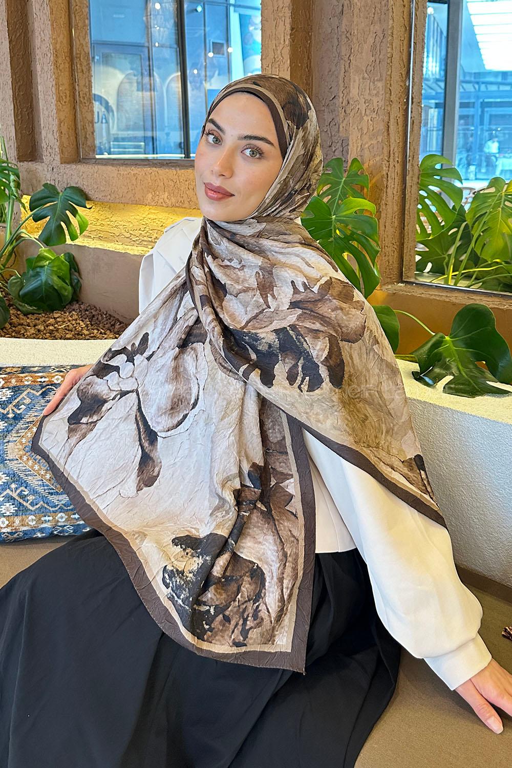 Lamelif Floral Desen Bambu Şal Asker Yeşili