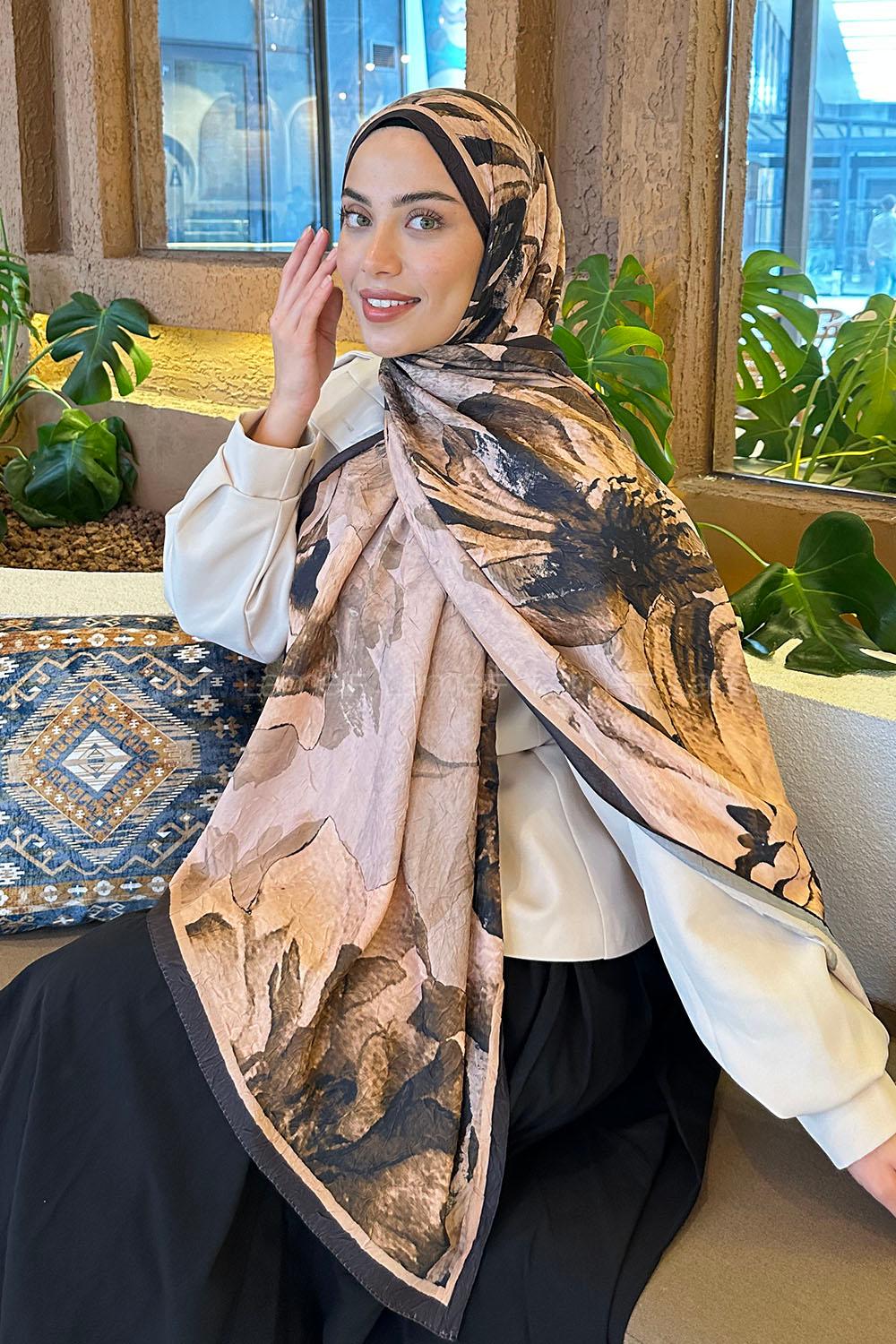 Lamelif Floral Desen Bambu Şal Camel