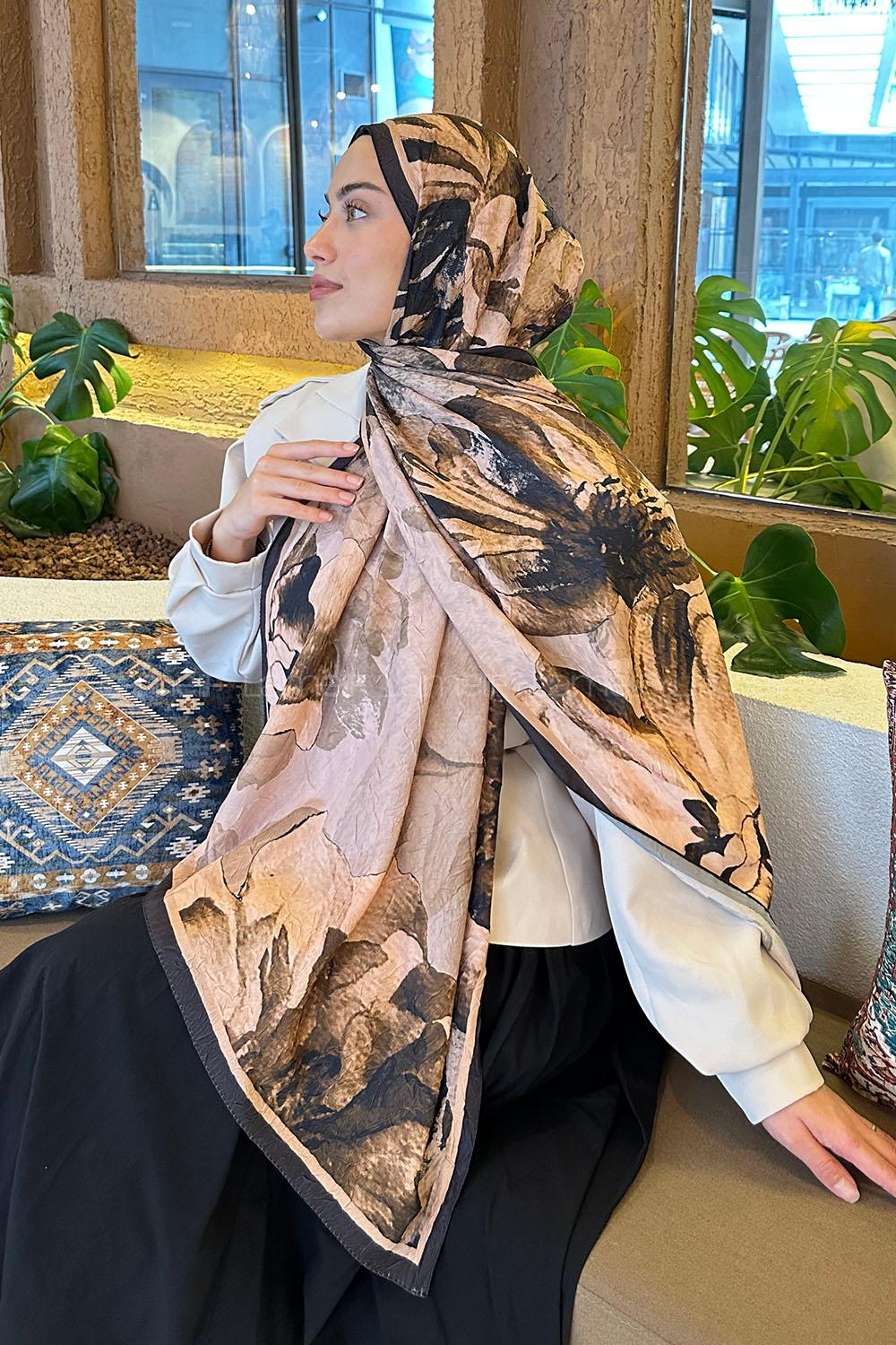 Lamelif Floral Desen Bambu Şal Camel