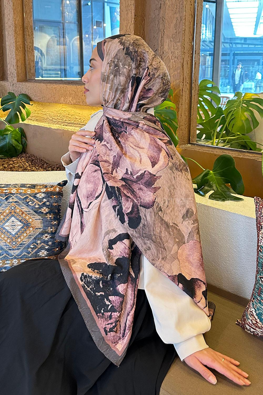 Lamelif Floral Desen Bambu Şal Eflatun