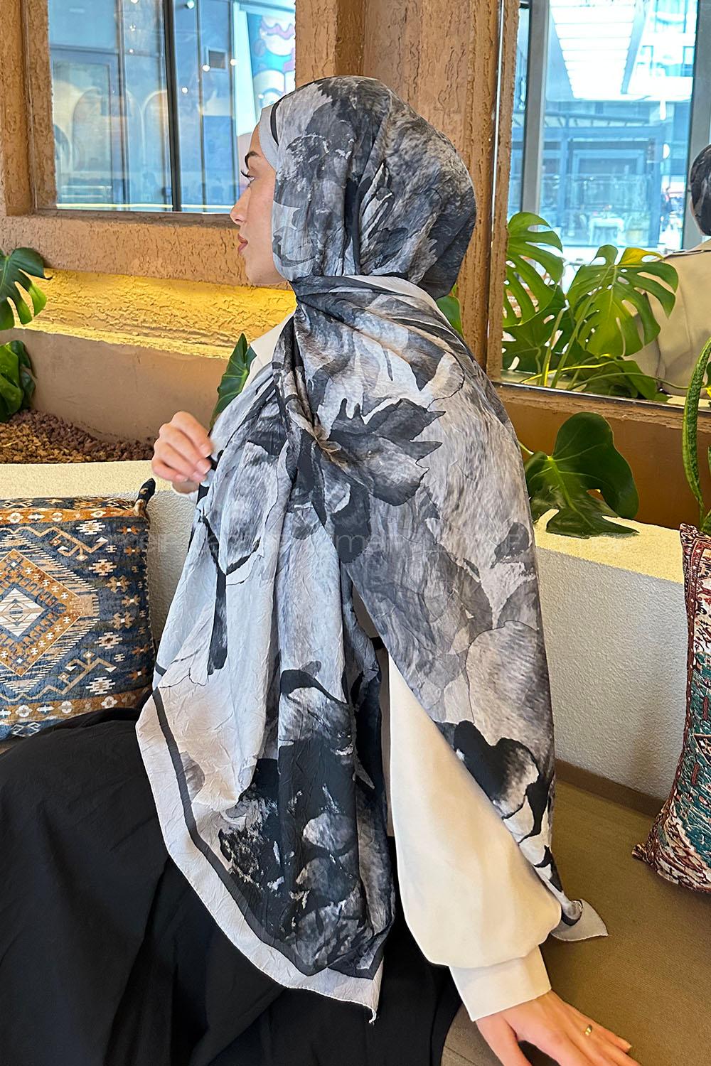 Lamelif Floral Desen Bambu Şal Gri