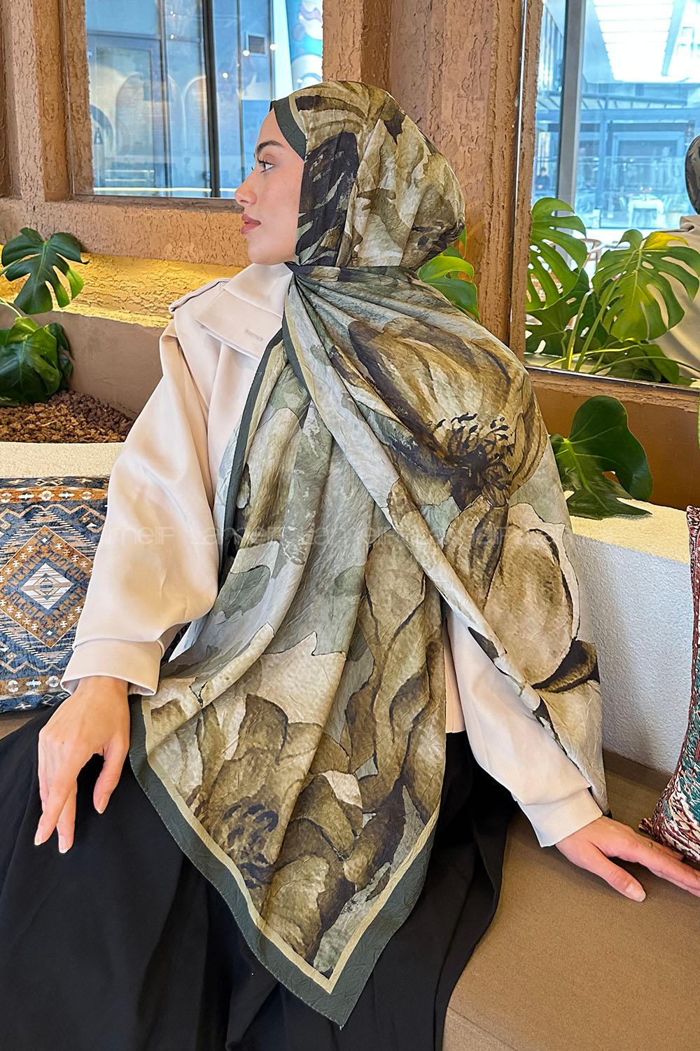 Lamelif Floral Desen Bambu Şal Haki