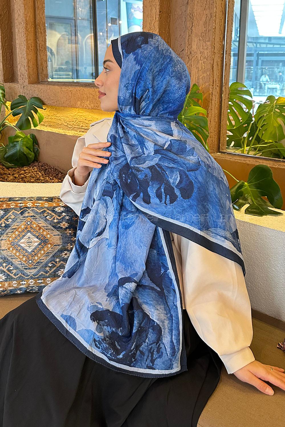 Lamelif Floral Desen Bambu Şal Lacivert