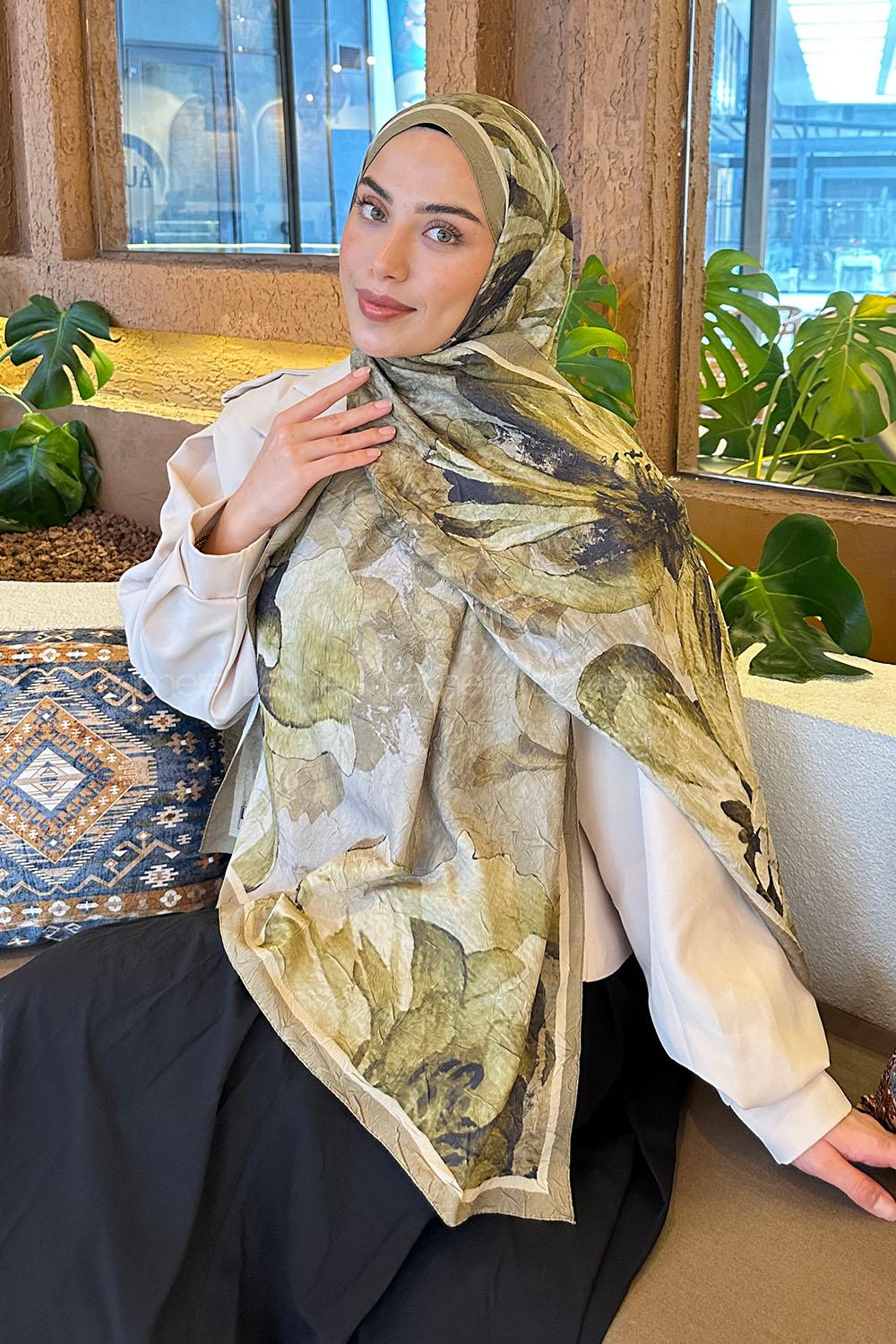 Lamelif Floral Desen Bambu Şal Mint Yeşili