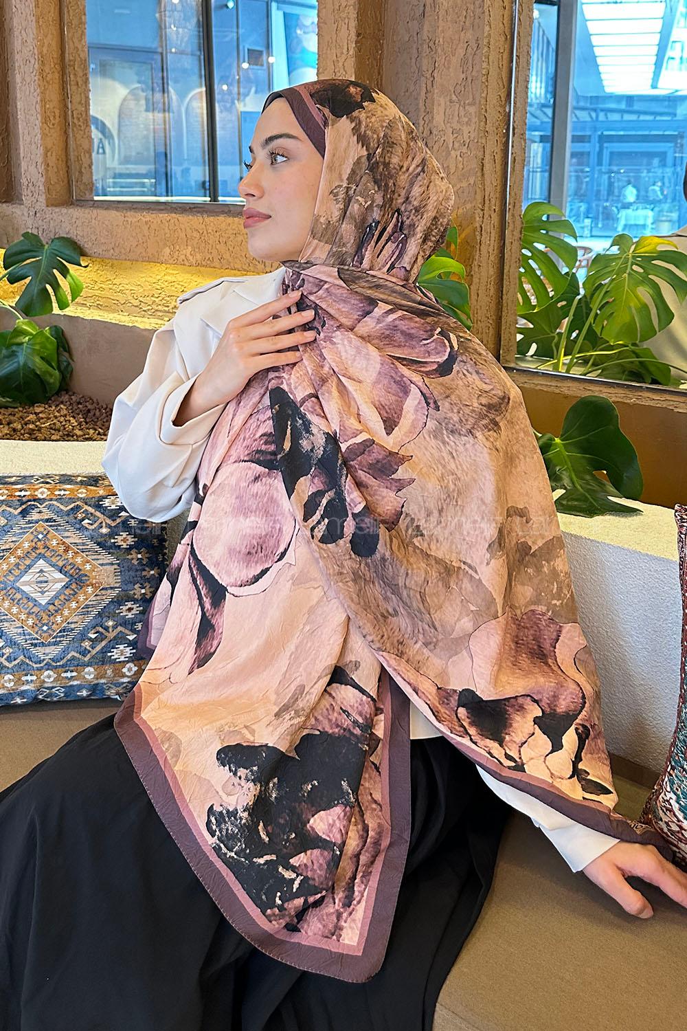 Lamelif Floral Desen Bambu Şal Mürdüm