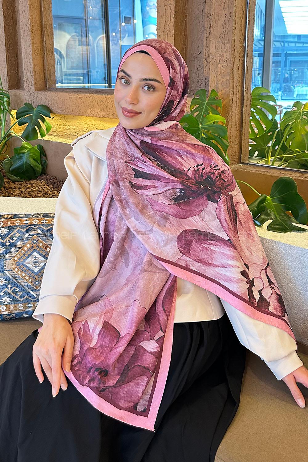 Lamelif Floral Desen Bambu Şal Şeker Pembe