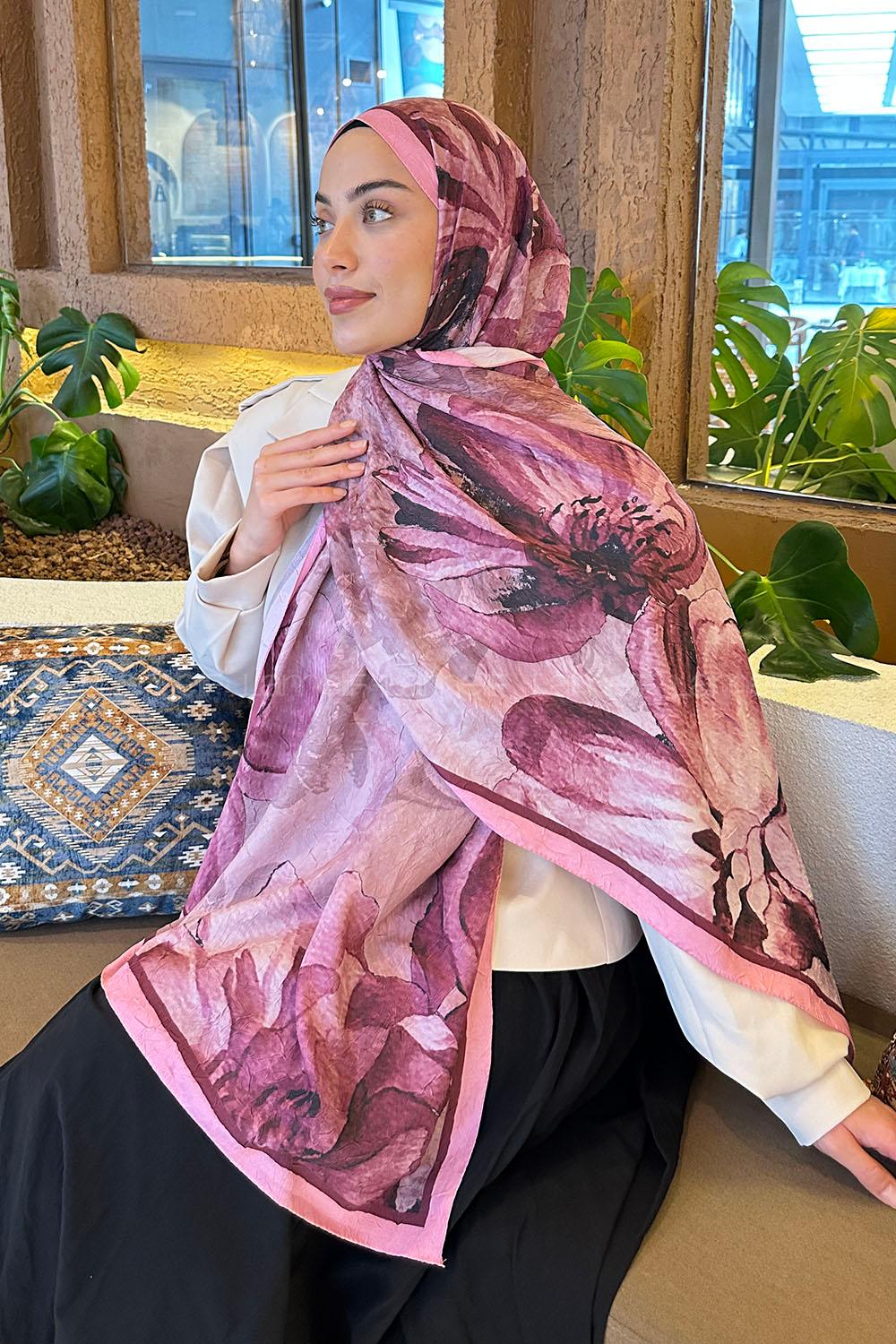Lamelif Floral Desen Bambu Şal Şeker Pembe