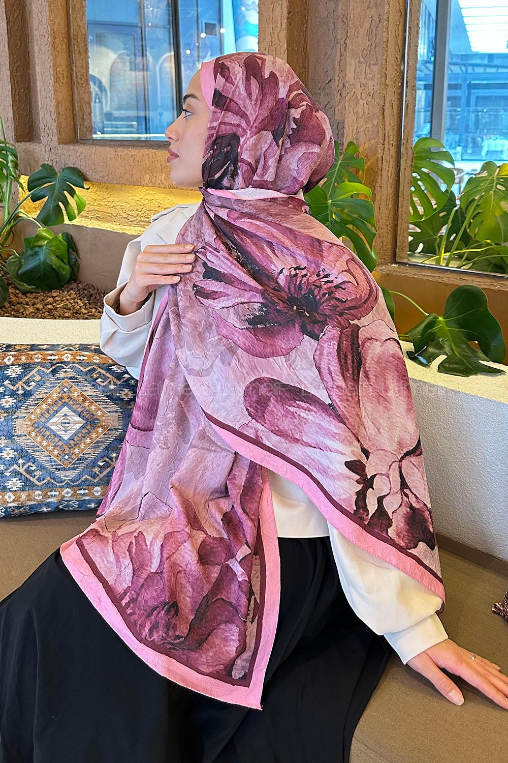 Lamelif Floral Desen Bambu Şal Şeker Pembe