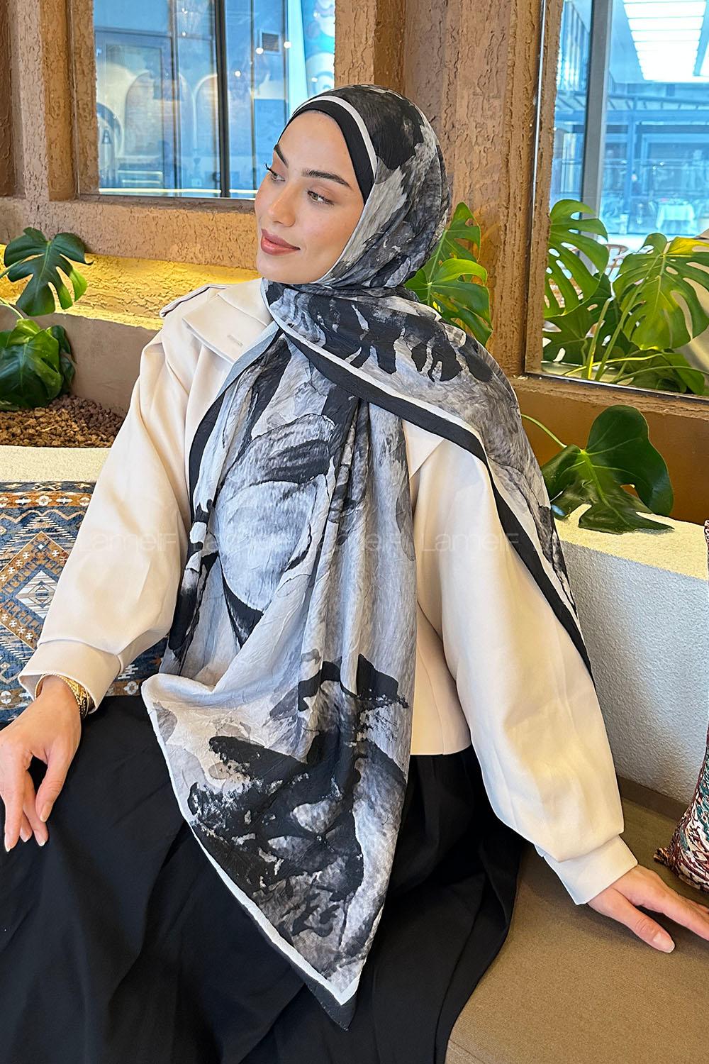 Lamelif Floral Desen Bambu Şal Siyah