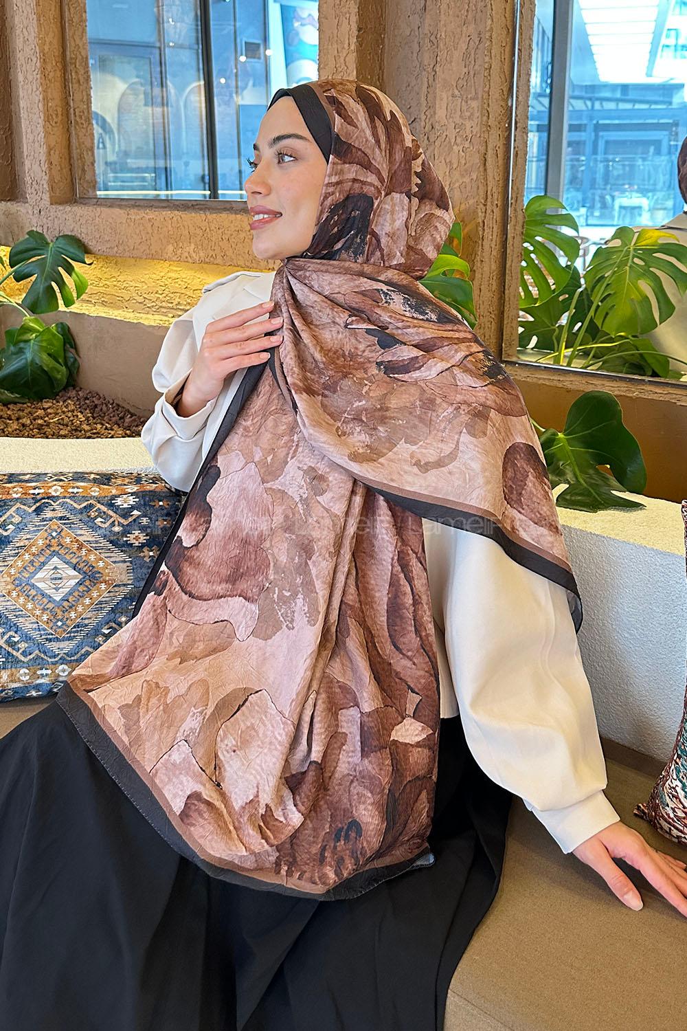 Lamelif Floral Desen Bambu Şal Siyah Kahverengi