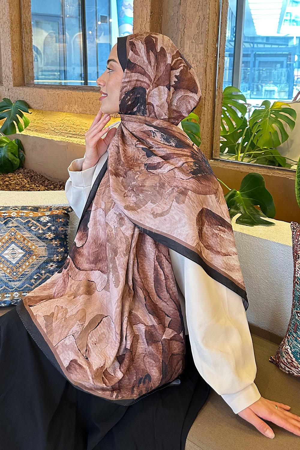 Lamelif Floral Desen Bambu Şal Siyah Kahverengi