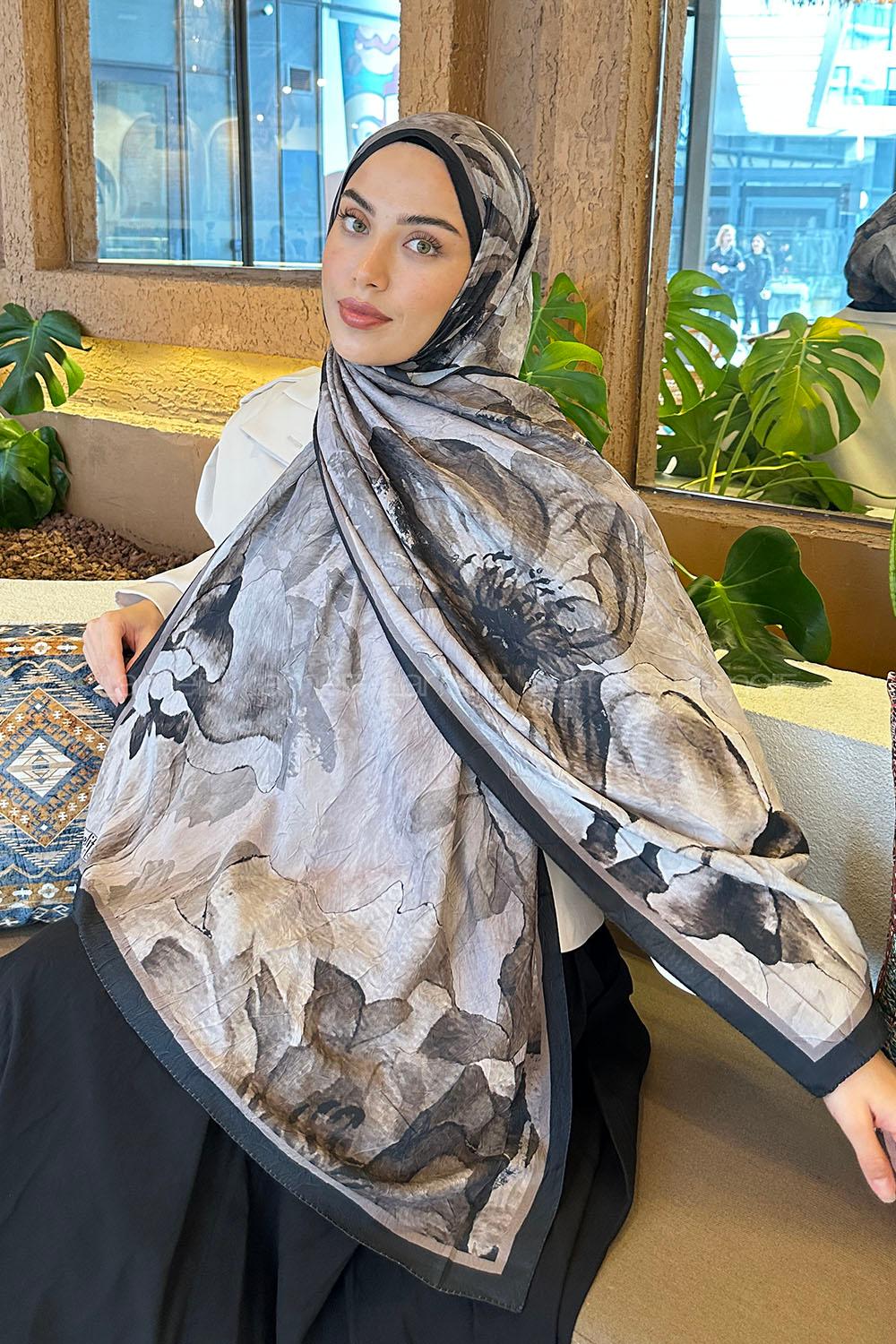 Lamelif Floral Desen Bambu Şal Siyah Vizon