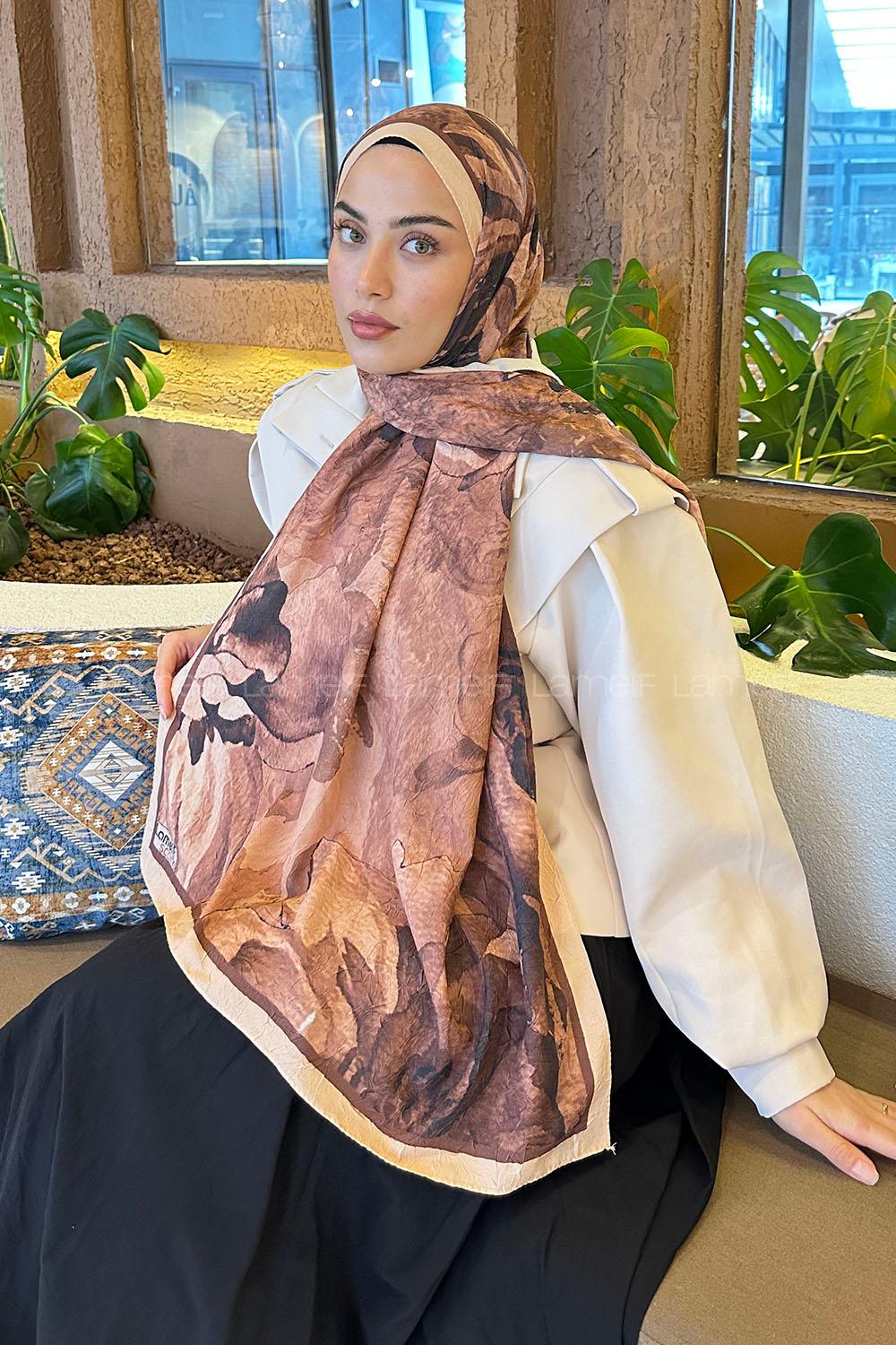 Lamelif Floral Desen Bambu Şal Sütlü Kahve