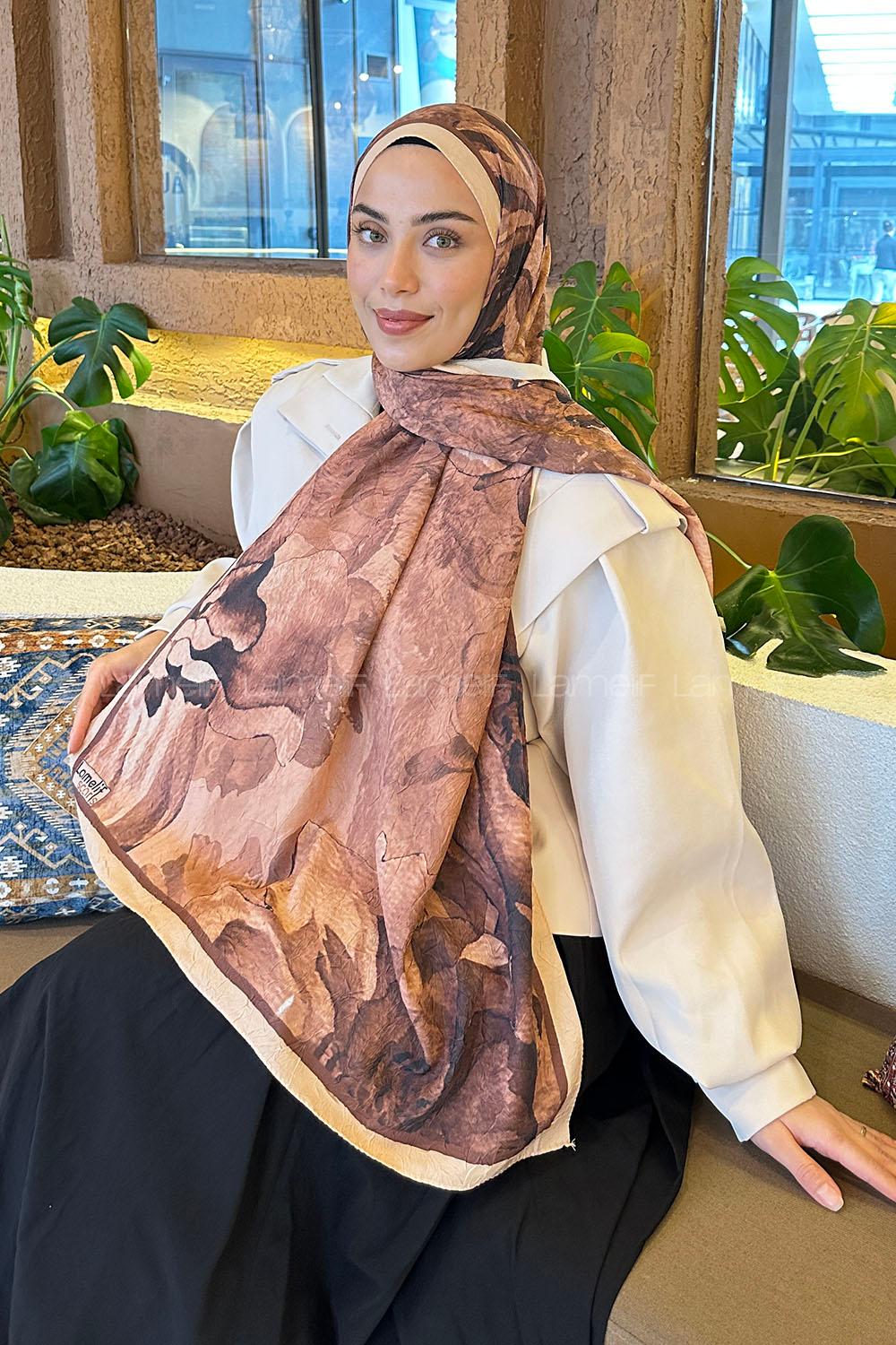 Lamelif Floral Desen Bambu Şal Sütlü Kahve