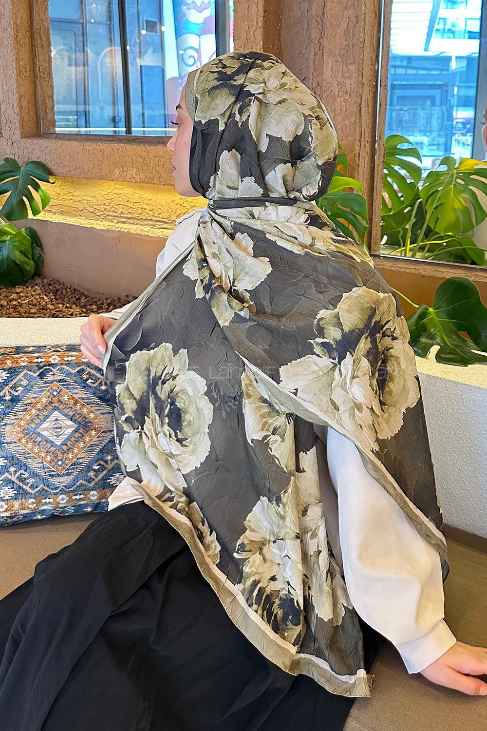 Lamelif Flower Desen Bambu Şal Asker Yeşili