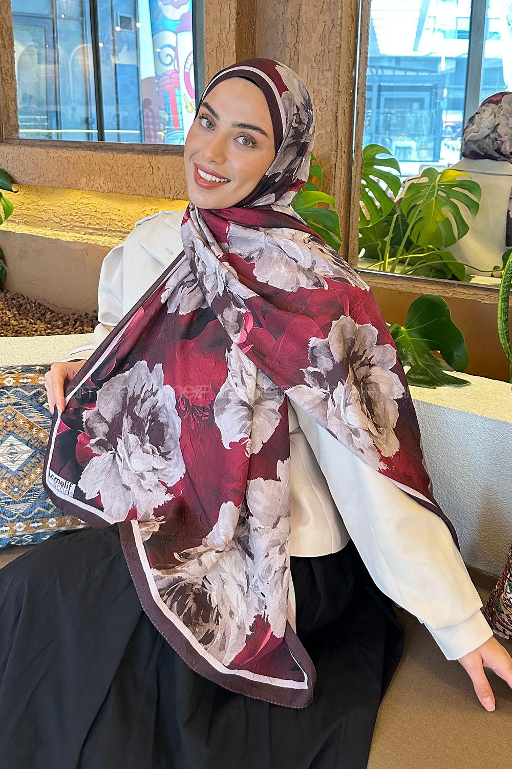 Lamelif Flower Desen Bambu Şal Bordo