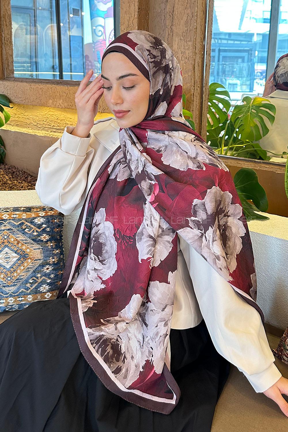 Lamelif Flower Desen Bambu Şal Bordo