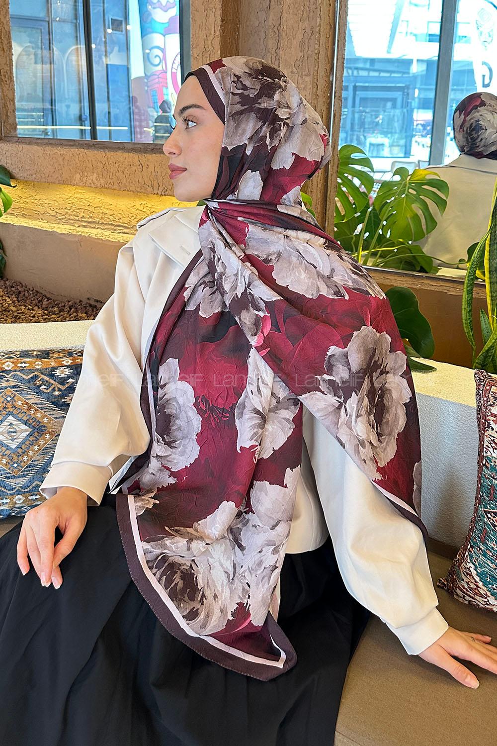 Lamelif Flower Desen Bambu Şal Bordo