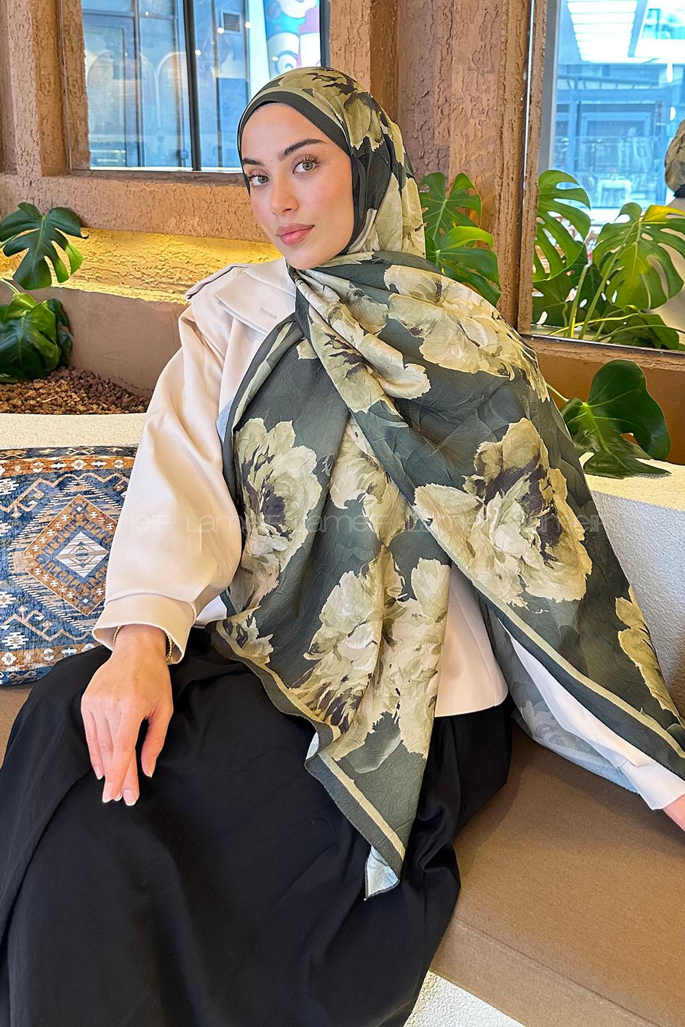 Lamelif Flower Desen Bambu Şal Haki