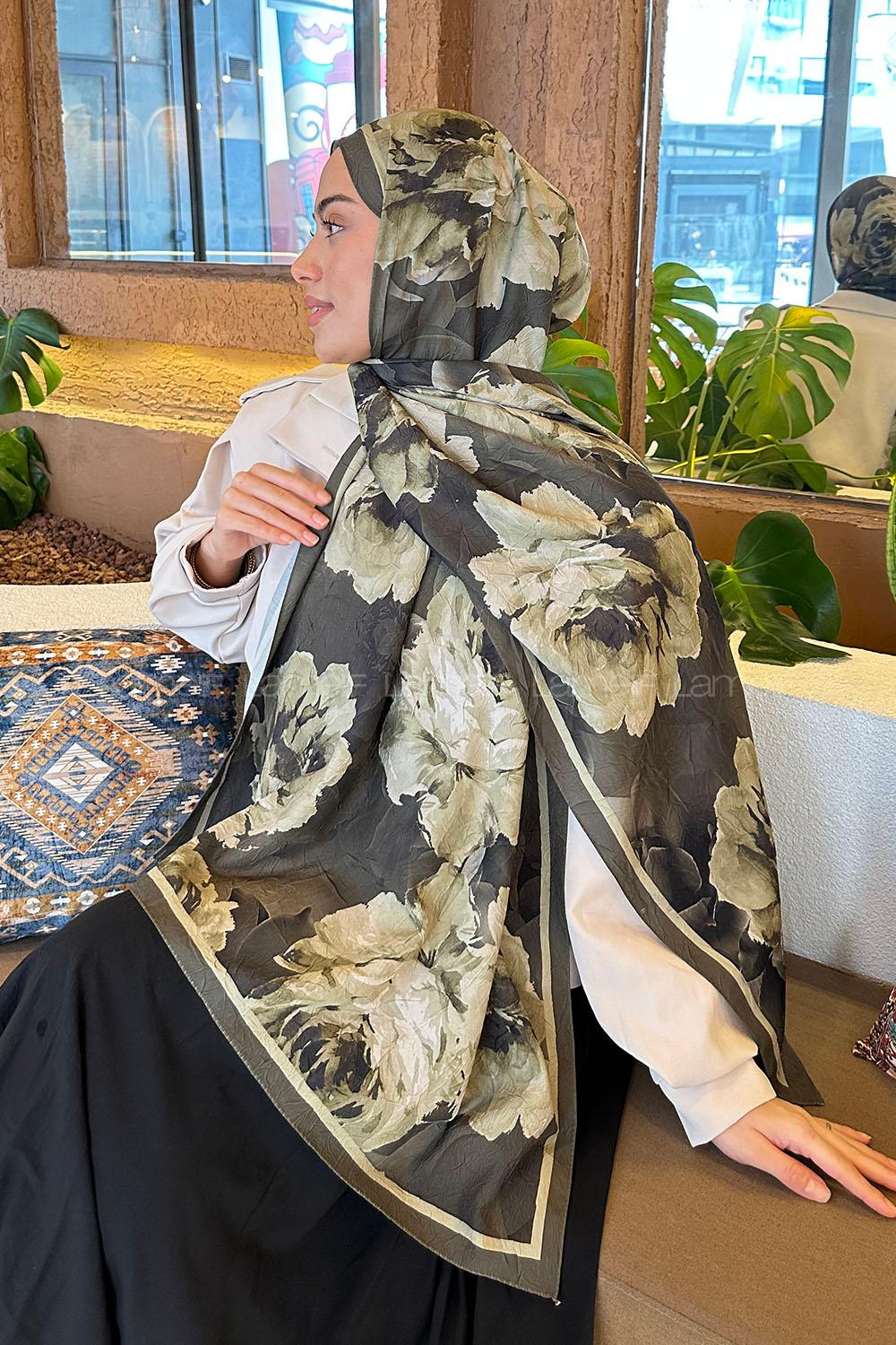 Lamelif Flower Desen Bambu Şal Koyu Yeşil