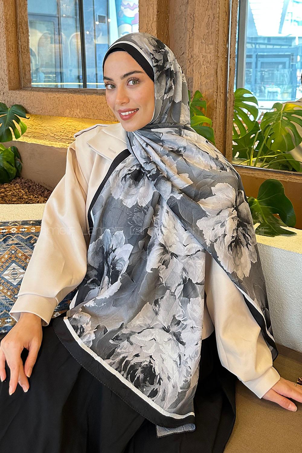 Lamelif Flower Desen Bambu Şal Siyah