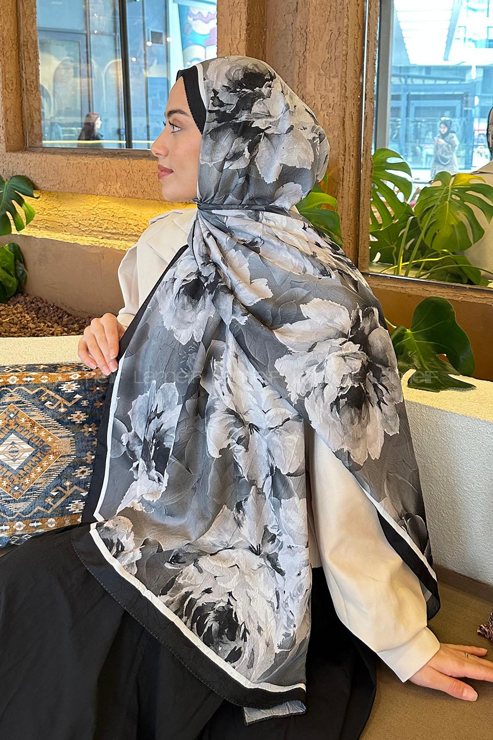 Lamelif Flower Desen Bambu Şal Siyah