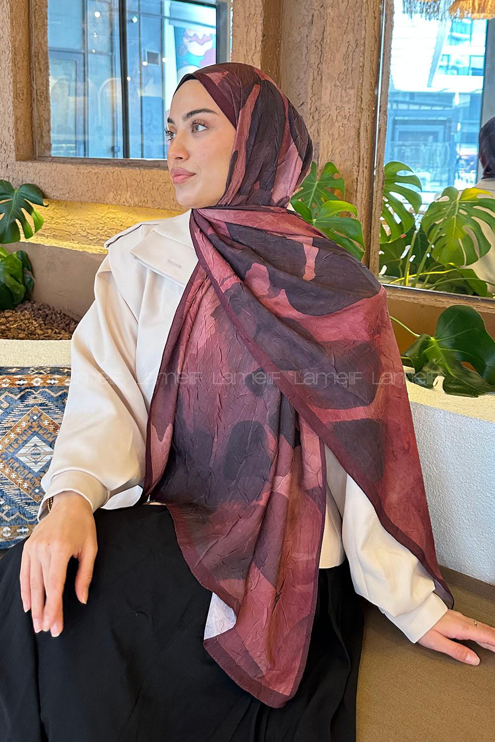 Lamelif Yaprak Desen Bambu Şal Bordo